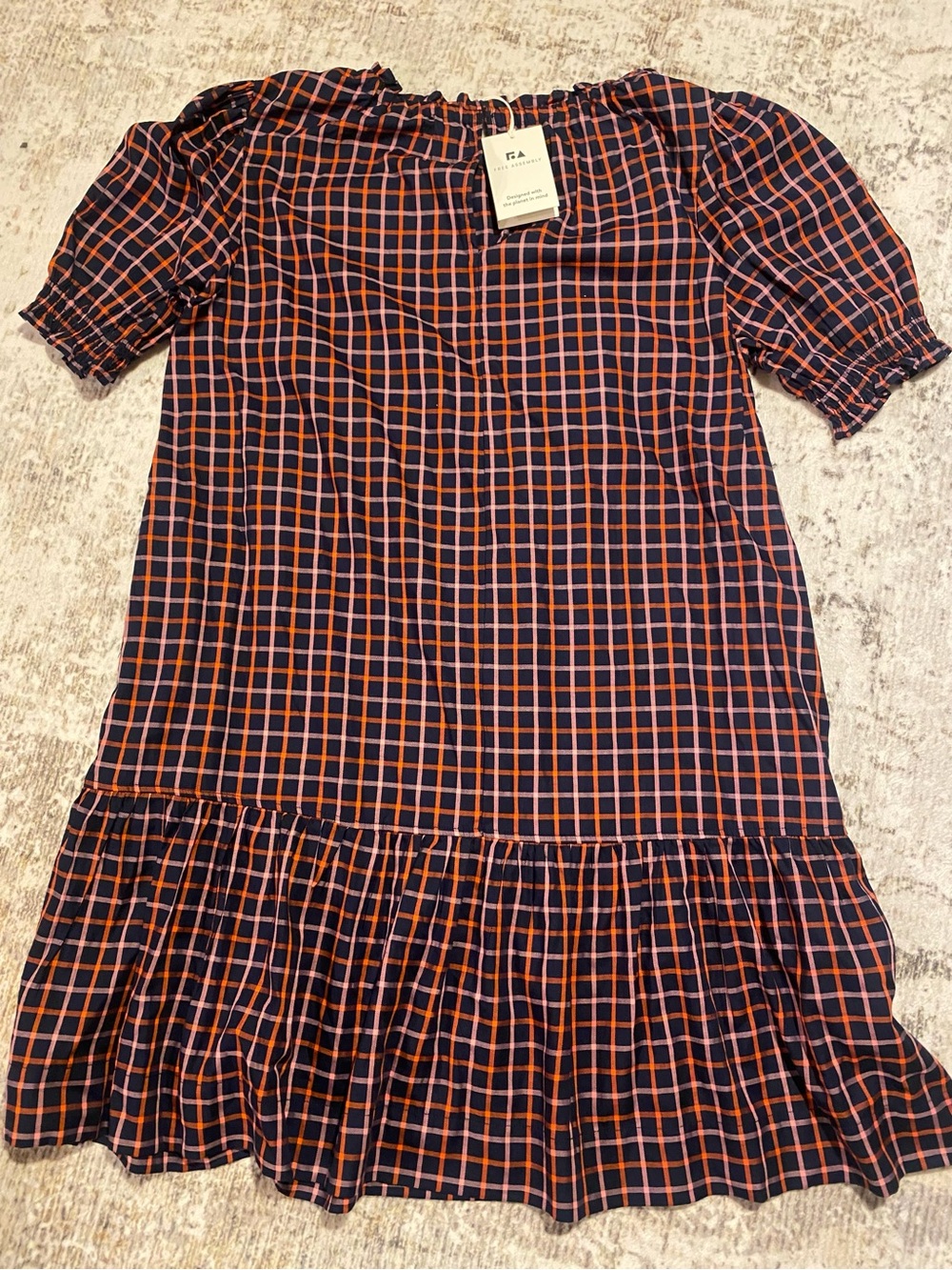 Off-Shoulder Navy and Orange Plaid Ruffle Midi Dress